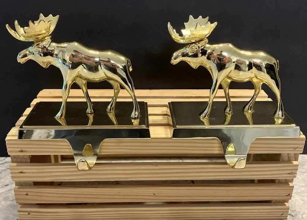 VTG, Target, Pair Of Solid Brass Weighted Moose Mantle Stocking Holders EUC